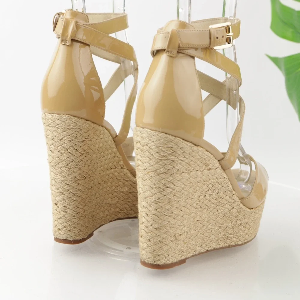 Michael Kors Womens Gabriella Sandal Size 8.5 Tan Patent Espadrille Wedge Shoes